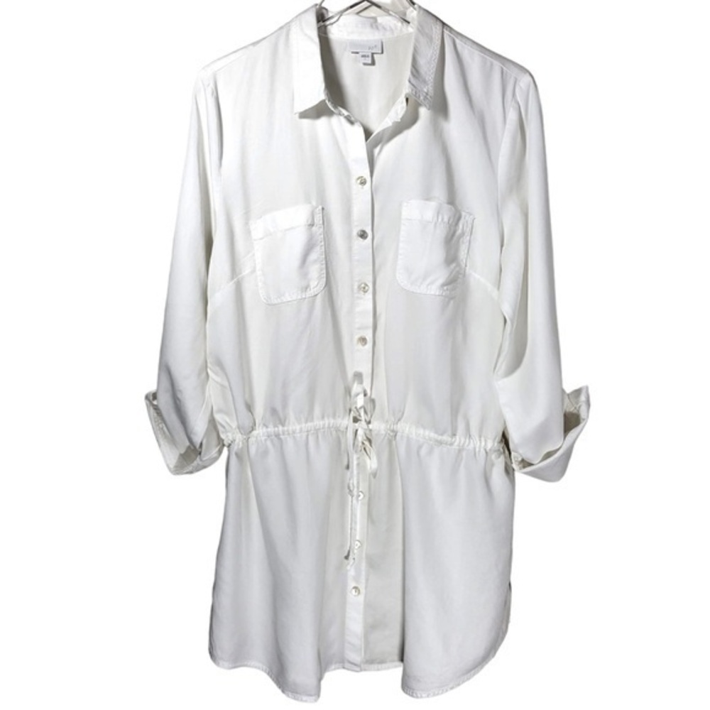 J. Jill Drawstring Waistline Roll Tab Sleeve Button Up Tunic Top in White